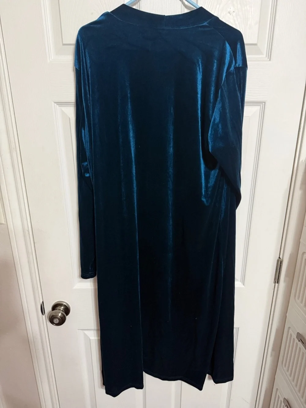 Velvet Long Open Front Duster Cardigan in Deep Teal - Picture 3 of 3